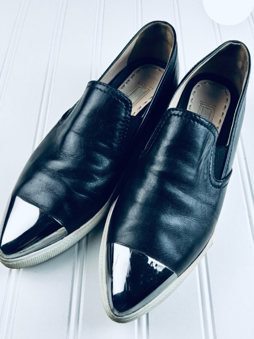 Maika Black Slip-On Leather Sneakers with Silver Cap Toe